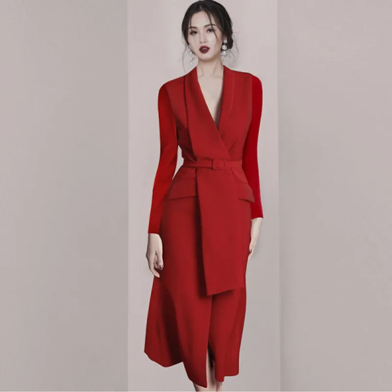 

ZAWFL Runway Women Red Dresses Spring Vintage Long Sleeve Belt Slim Blazer Dress Ladies Sexy V-Neck Elegant Office Party Dress