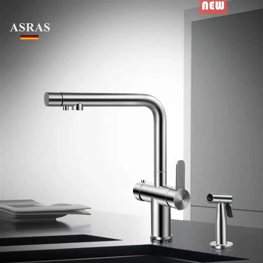 ASRAS Multi-Functional Kitchen Faucet 304 Stainless Steel Hot +Cold+ Filter Water 3-in-1 Mixer Pull Hose Spray Gun Tap