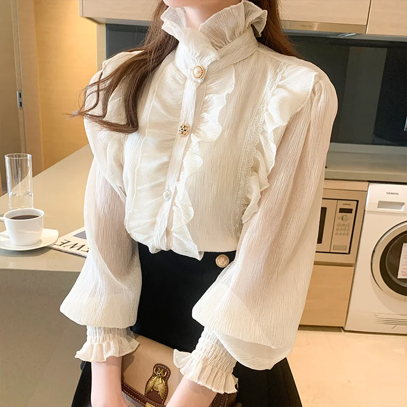 French Palace High Neck Blouse Women Victorian Palace Tuxedo Shirts Top Ruffle Royal Stand Collar Chiffon Flounce Lolita Blusas