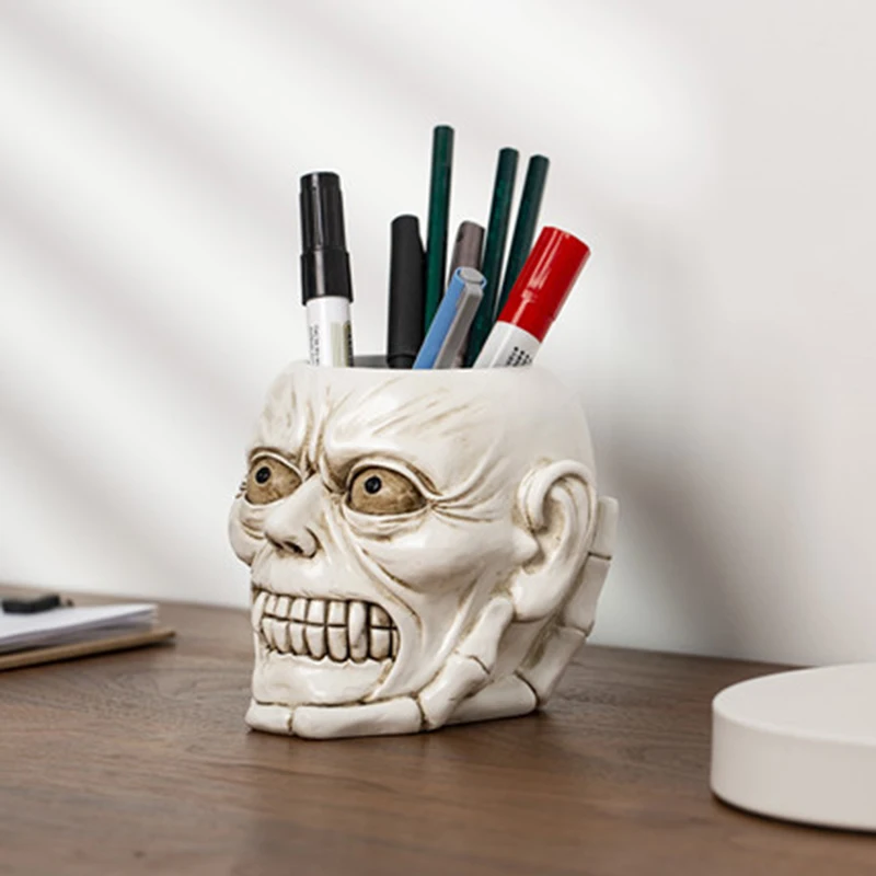 

Skull Pen Pencil Makeup Brush Holder Retro Funnys Storage Bucket for Home School Office Stationery Pen Holders Halloween Gift