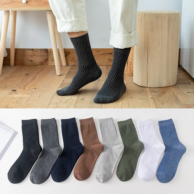 High Quality Knitting Cotton Mens Socks Casual Solid Breathable Long Socks Fashion Black White Gray Business Man Male Crew Socks