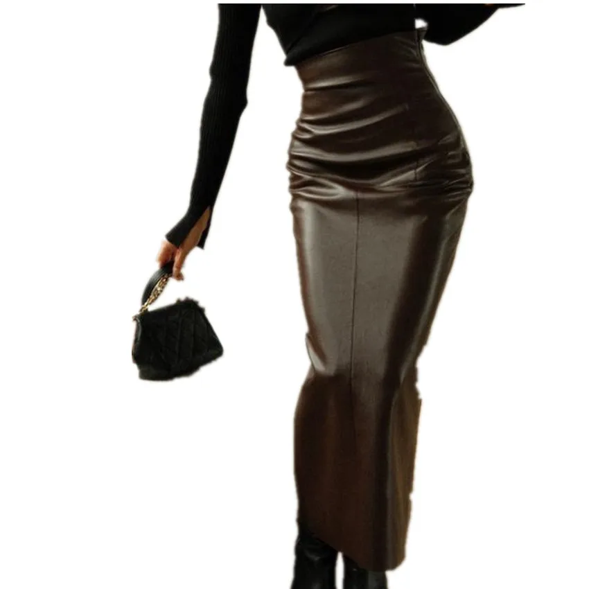 

Autumn winter fashion long pu leather pencil skirt women high wait slim package hip ol skirt