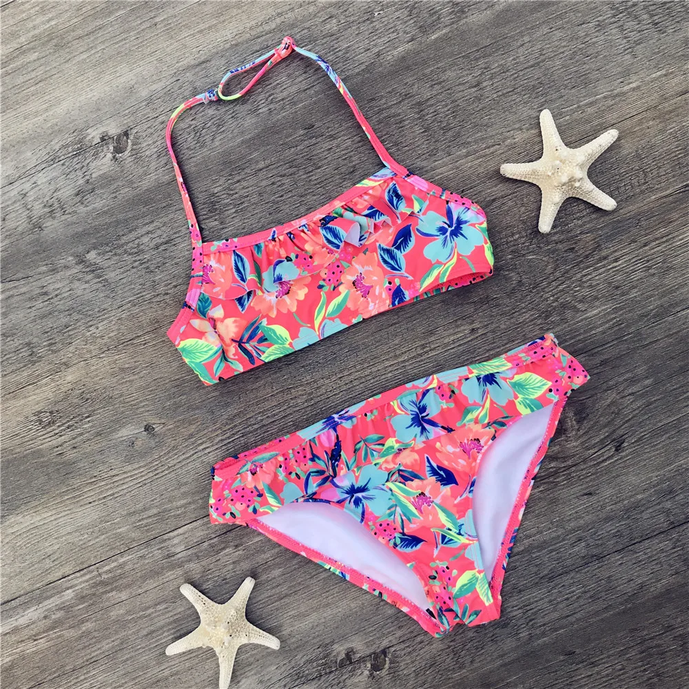 7-14 Years Girls Swimsuits 2 Pieces Bikinis Sets Printing Flower Girl Bikinis Children Swimwear Kids Bathing Suit Girl Beachwear