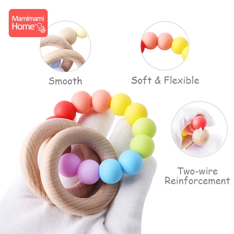 1pc Baby Teether Silicone Beads Bracelets Music Rattle Toys BPA Free Wooden Teetheing Ring Rattle Gym Baby Teether Newborn Gifts