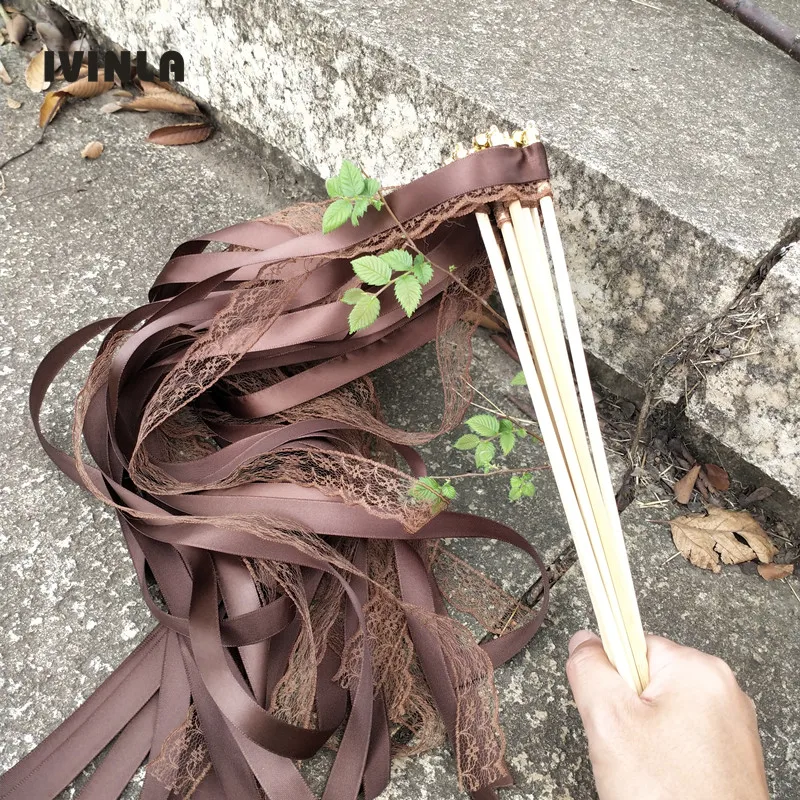 

50pcs/lot coffee Lace wedding wands wedding ribbon stick with bell for wedding decoration
