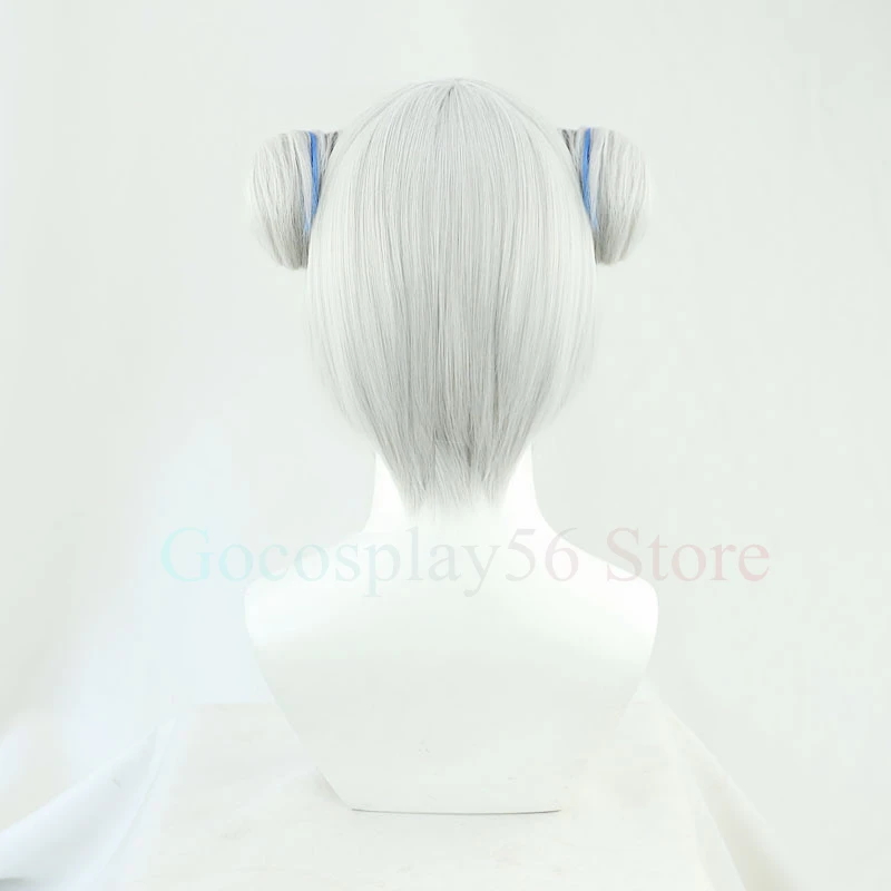 Gawr Gura-Perruque Synthétique Courte Droite et Ondulée pour Cosplay, 2 Buns, VTuber Girls, Gris, Bleu Mixte, Py Play