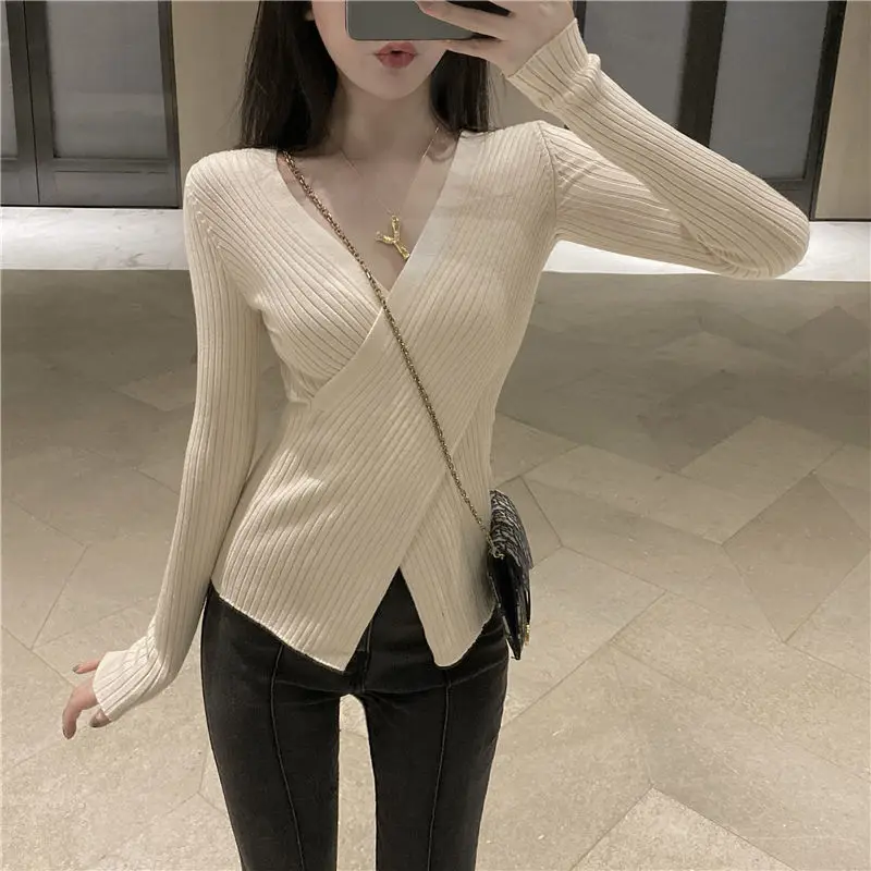 2020 Autumn Winter Women\'s Knitwear Sexy Across V-Neck Chic Casual Basic Women Sweater Long Sleeve Slim Knitted Pullover