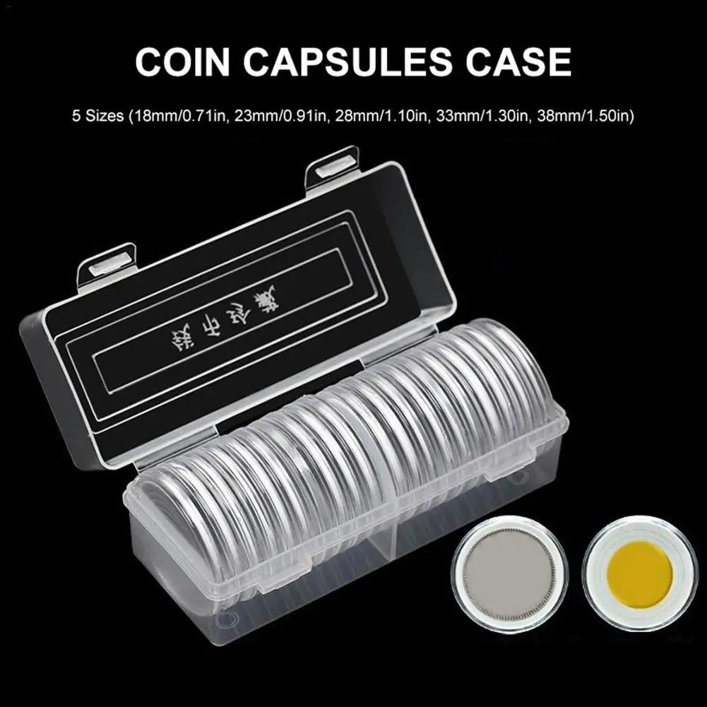 

20 Coin Capsules Gold Coin Box With 5 Sizes Protect Gasket And 1 Plastic Storage Box For 18/23/28/33/38mm Coins Collection