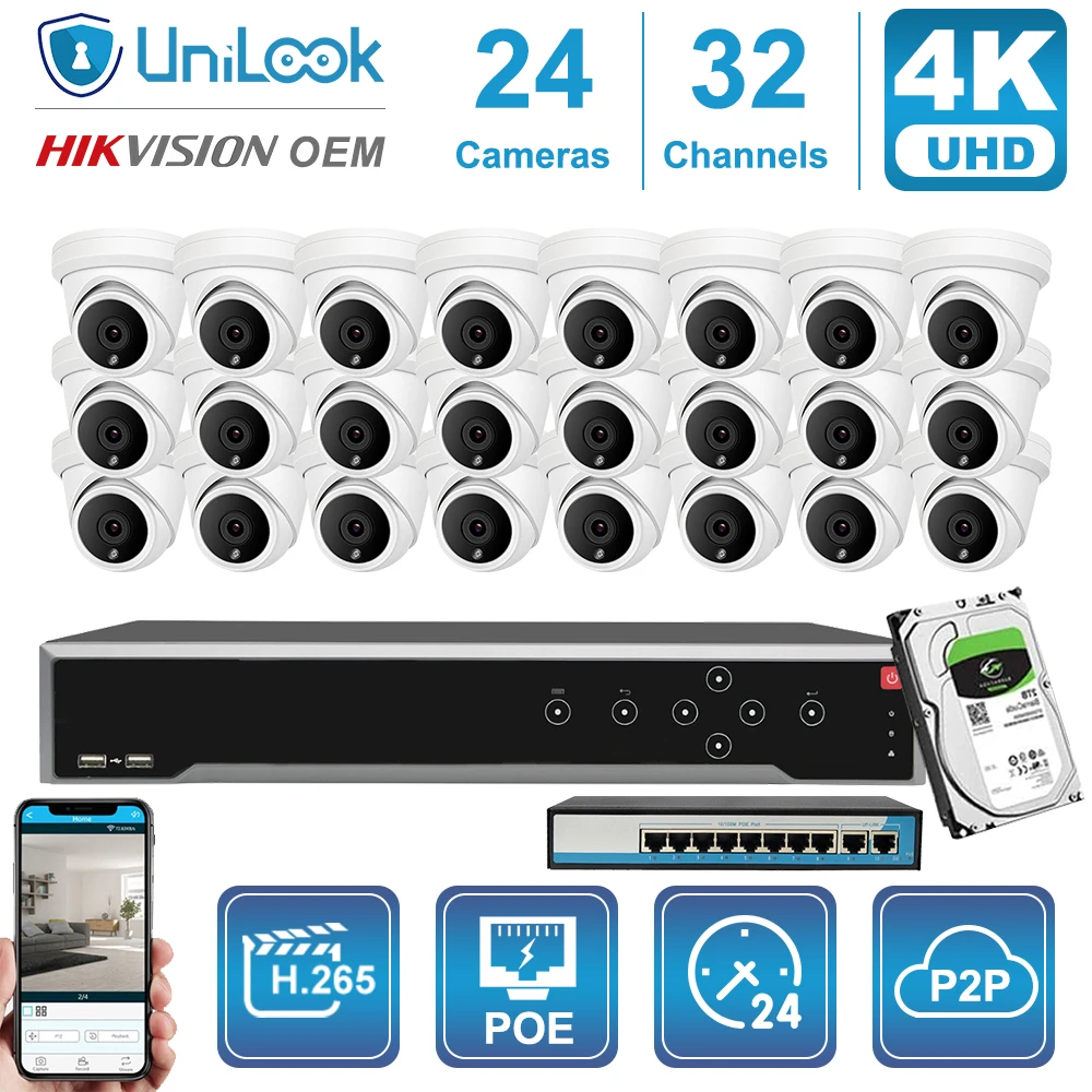 Unilook 24CH 4K 8MP Turret POE IP Camera NVR Kit Outdoor CCTV Surveillance OEM DS-7732NI-I4/16P Customized Plug&Play System