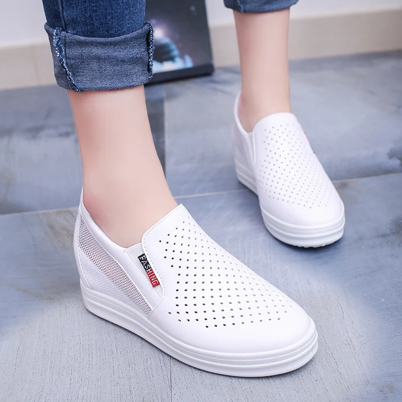 2021 New Women's Casual Flat Shoes Increased Breathable Hollow Leather Shoes Women's Invisible Slope Heel Summer Sports Shoes