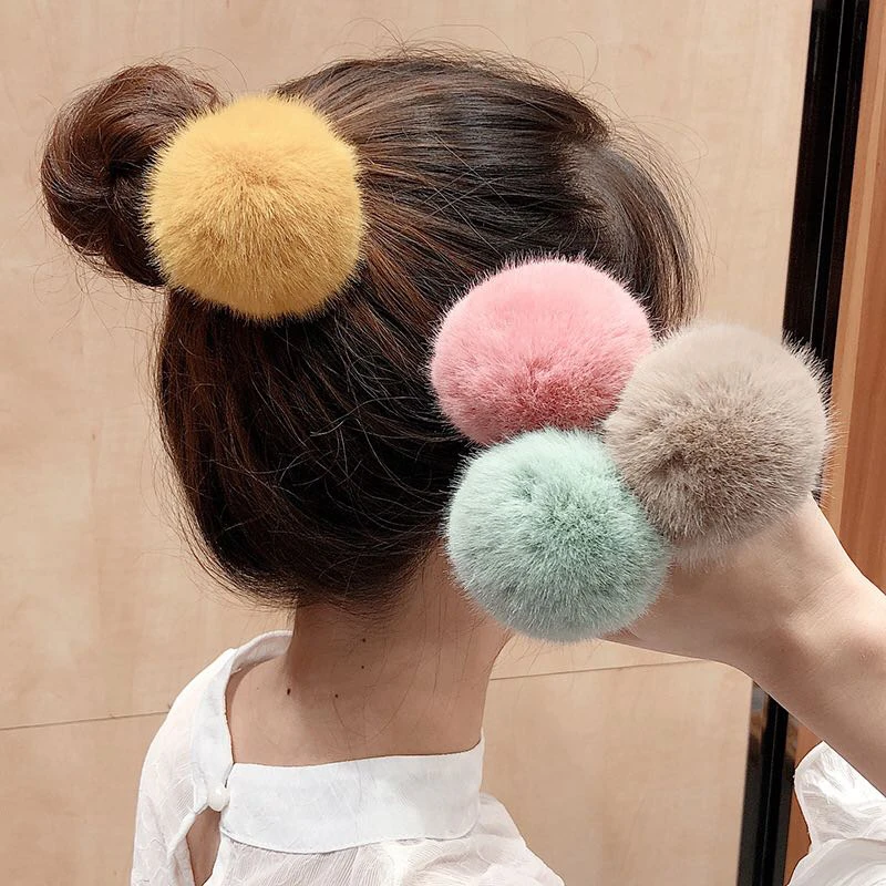 Candy Color Imitation Rabbit Fur Pompoms Elastic Hair Rubber Band Scrunchie Women Plush Hair Rope Autumn Winter Hair Accessories