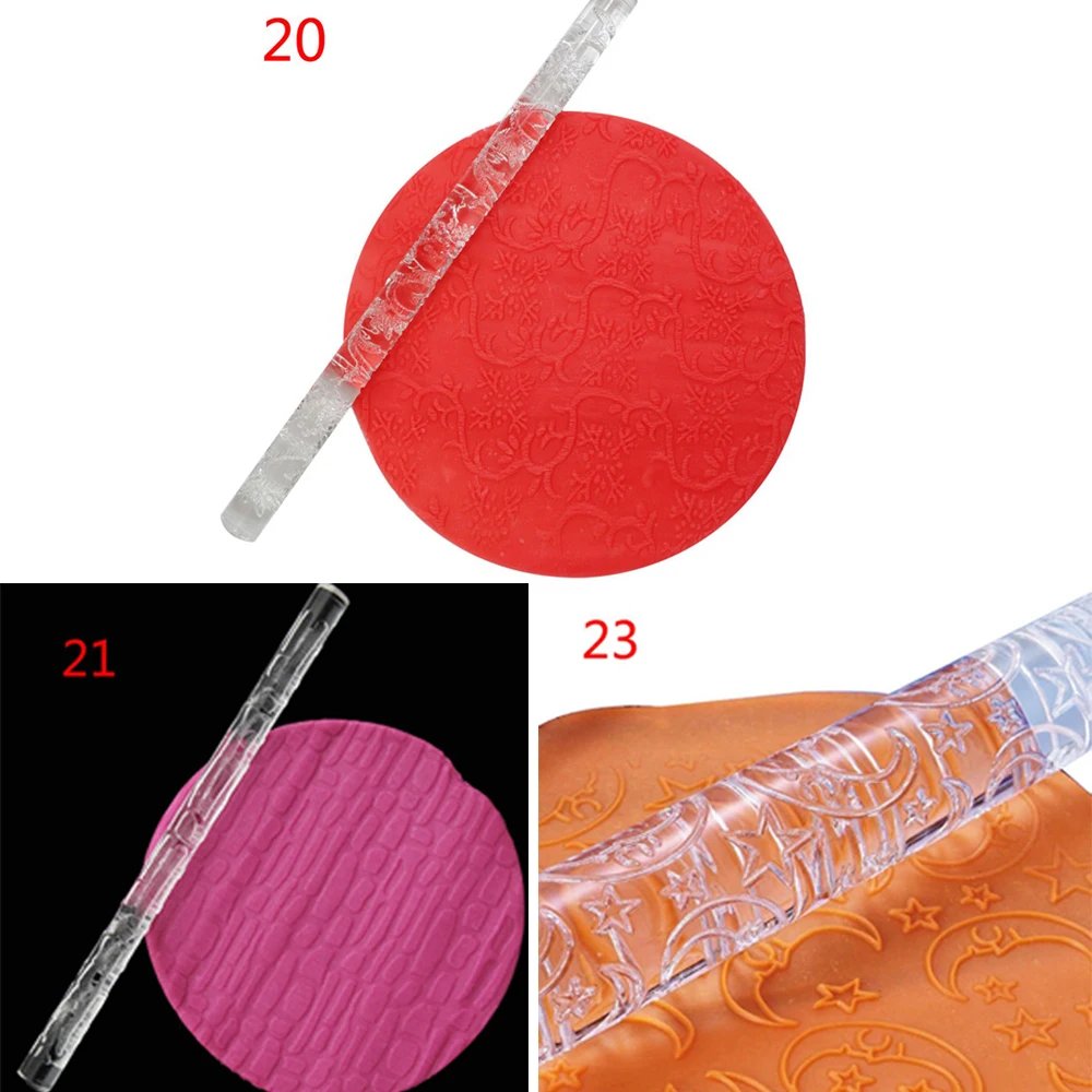 1 PC 14 Styles Acrylic Rolling Pin Designed Fondant Cake Impression Pastry Roller Embossing DIY Baking Tools Kitchen Supplies