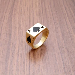 Punk 316L Stainless Steel Men's Fashion Gold Plated Lucky Ace Of Spades Playing Card Letter A Ring Jewelry