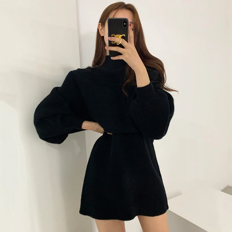 

Female Autumn Winter Casual Knitwear Dress Loose Two Piece Set Solid Mock Neck Thick Warm Knitted Pullover Women Long Sweaters