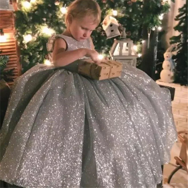 Yipeisha Baljurk Pageant Jurken Voor Meisjes Zilveren Bloem Meisje Jurken Voor Bruiloften Glitter Jewel Sequin Kids Baby Party Gown