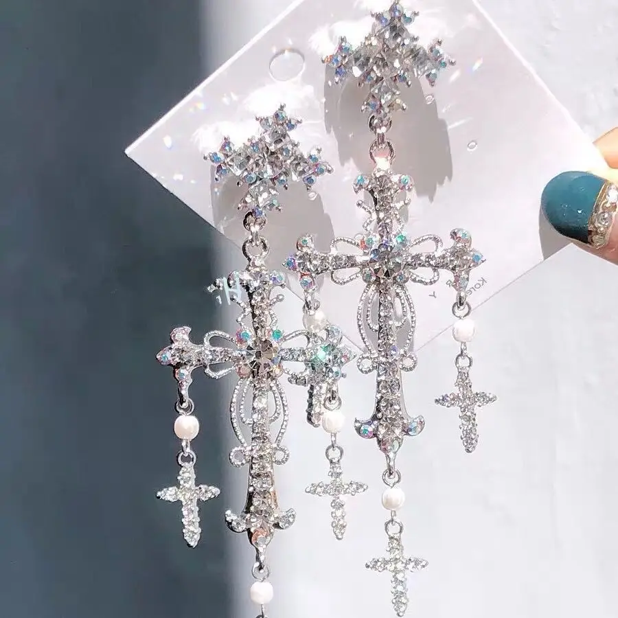 New Palace Style Silver Color Luxury Crystal Cross Dangle Earrings for Women Elegant Tassel Party Jewelry Gifts