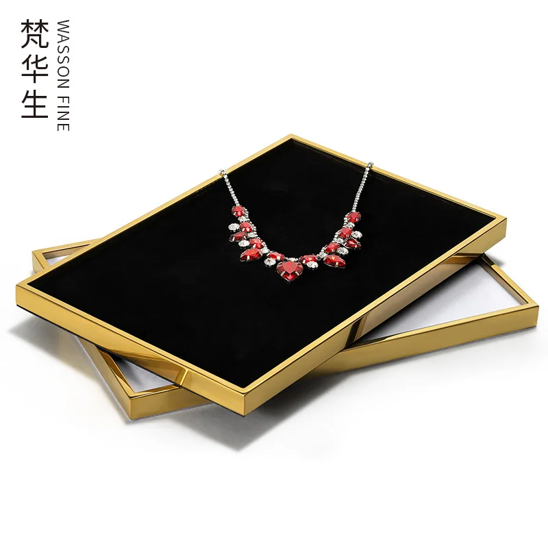 Metal frame jewelry tray display stand stainless steel storage suede jewelry display tray customization