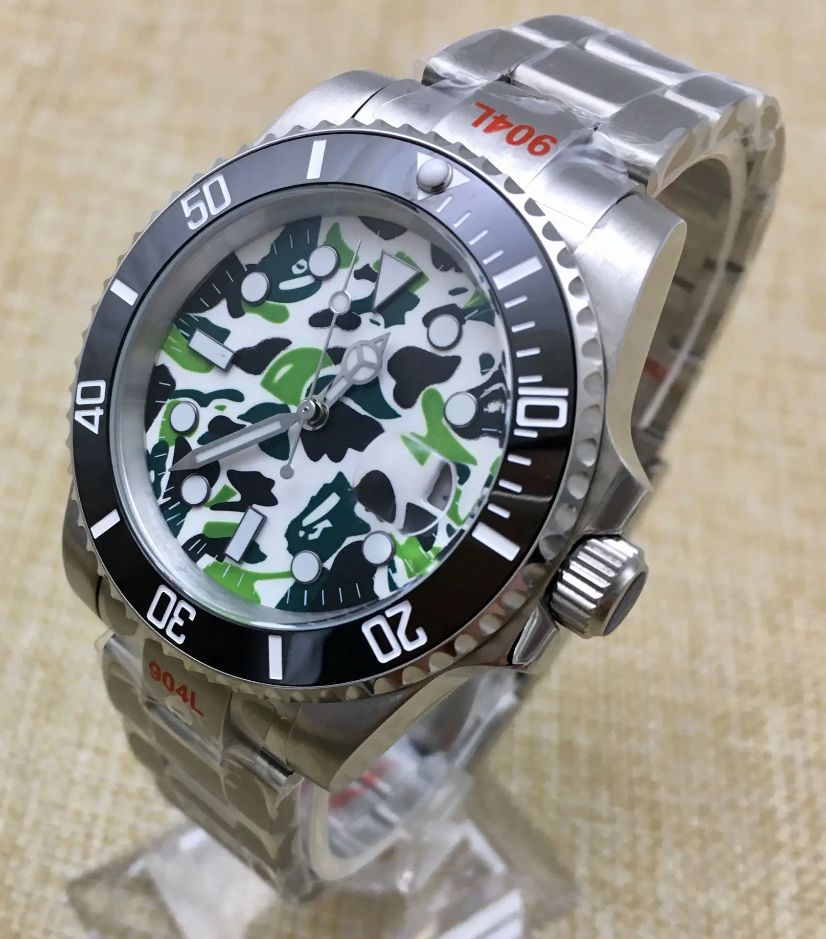 Fashion Green Camouflage Dial Luminous Sports Men\'s Watch Automatic Watch Mechanical Stainless Steel Case Bracelet