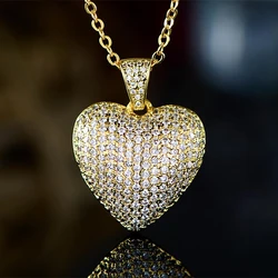 Huitan Dazzling Gold Color Full Paved CZ Heart Pendant Women Necklace Gorgeous Female Engagement Jewelry Necklaces Hot Selling