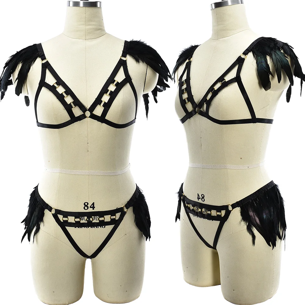 

Black Sexy Lingerie Set Feather Open Chest Harness Bra Body Cage Pastel Goth High Waist Thongs G-string Bondage Body Harness Set