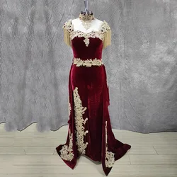 Eightale Morocco Kaftan Evening Dress with Detachable Train Customized Appliques Mermaid Velvet Burgundy Arabic Prom Party Gown