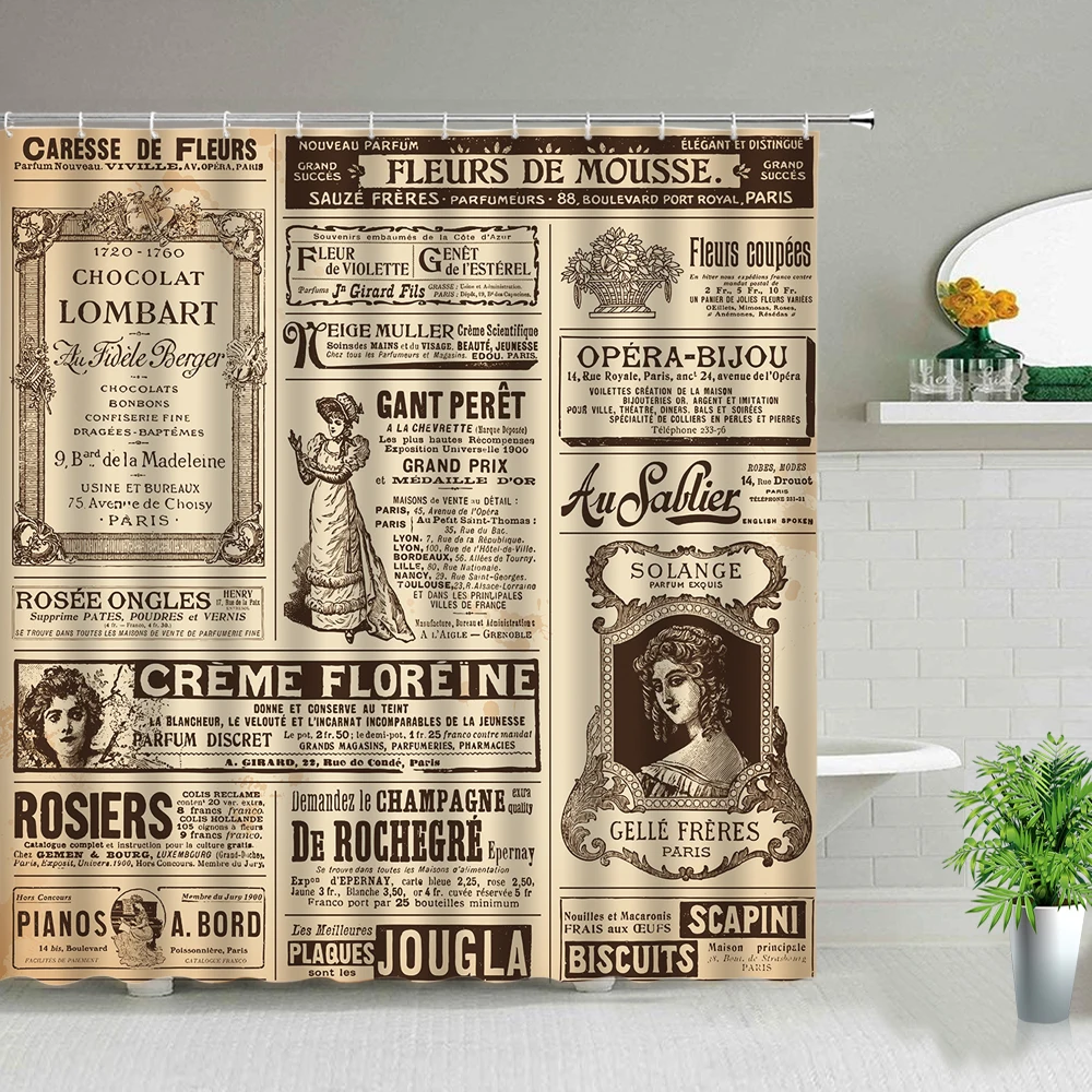 Christmas Retro Old Historic Newspaper Shower Curtain Christmas Tree Elk Deer Printing Cloth Curtains Waterproof Bathroom Decor