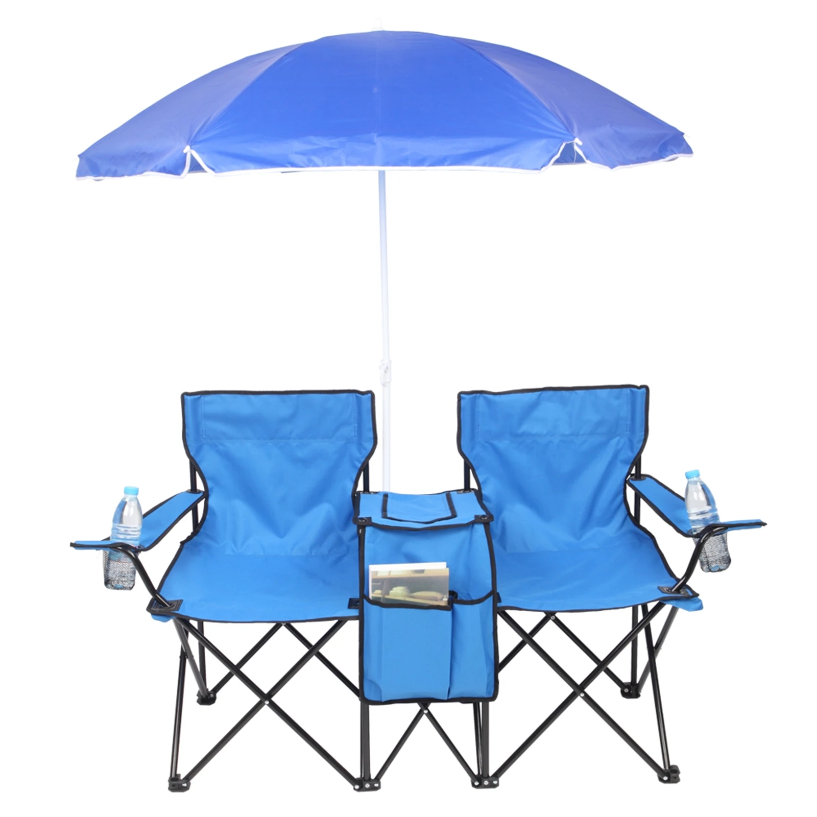 Portable Outdoor 2-Seat Folding Chair with Removable Sun Umbrella Blue  US Warehouse In Stock