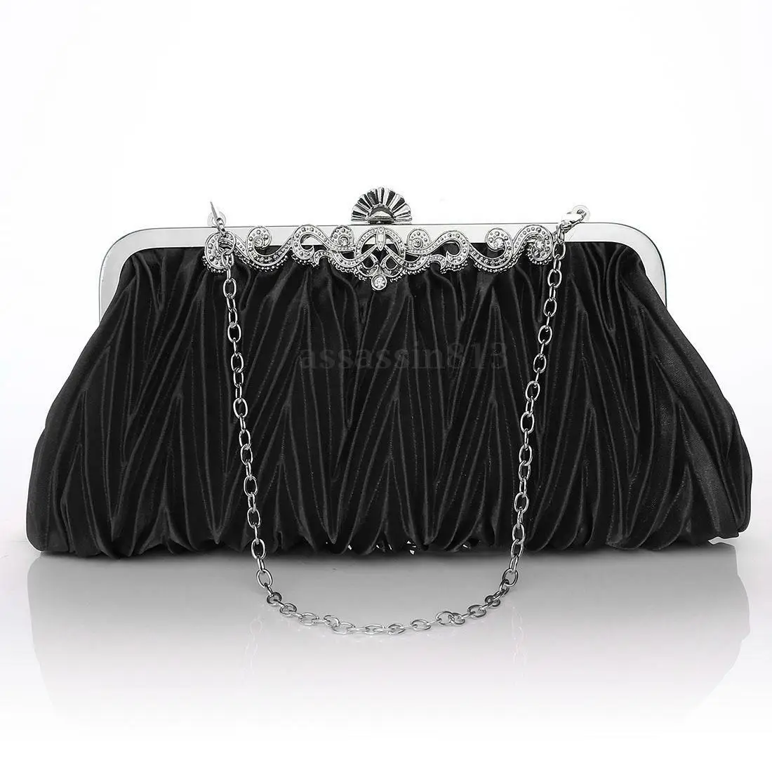 

Women Crystal Satin Small Evening Clutch Bag Ladies Elegant Chain Rhinestones Wrinkle Pattern Evening Party Crossbody Bag Purse