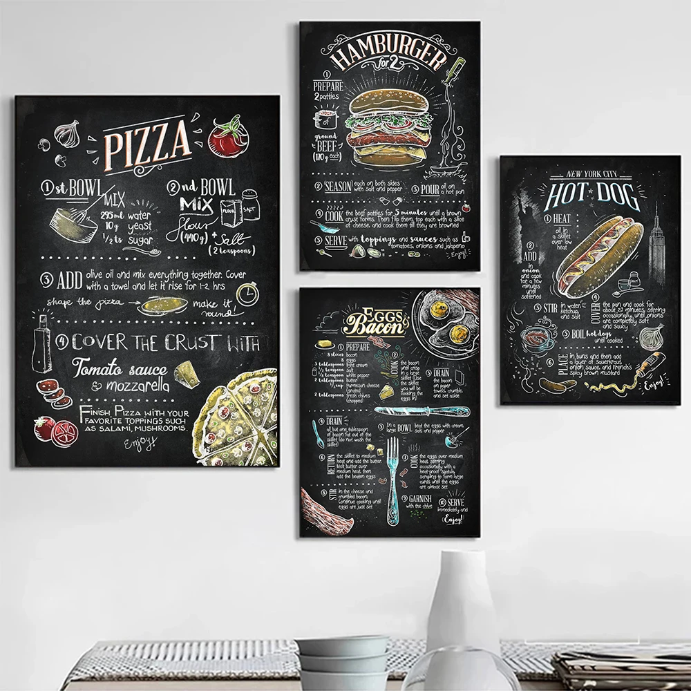 Pizza Hamburger Hot Dogs Spaghetti Eggs Bacon Fries Pancrhes Recipe Vintage Wall Art Painting Restaurant Kitchen Decor