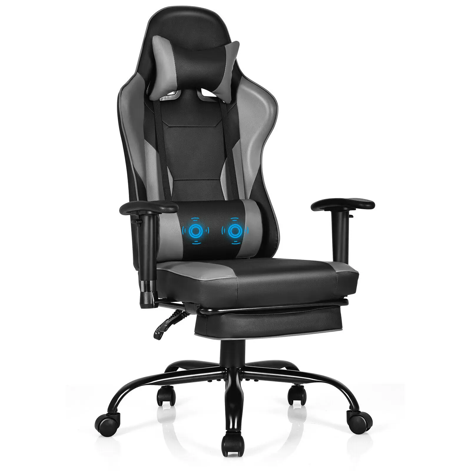 Massage Gaming Chair Racing Computer Task Chair Recliner w/Footrest Blue Black