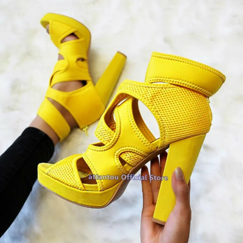 

New Spring Summer yellow cover heeled chunky high heeled Peep toe velvet fabric women back zipper cushioned sandal boots