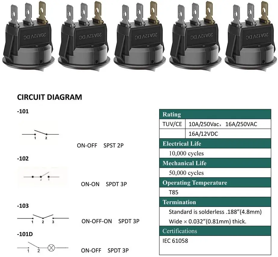 20pcs/lot 3 Pin 12V 20A Switch Amps Car Truck Rocker Round LED Toggle Switches On-Off Control Switch Blue Green Yellow Red