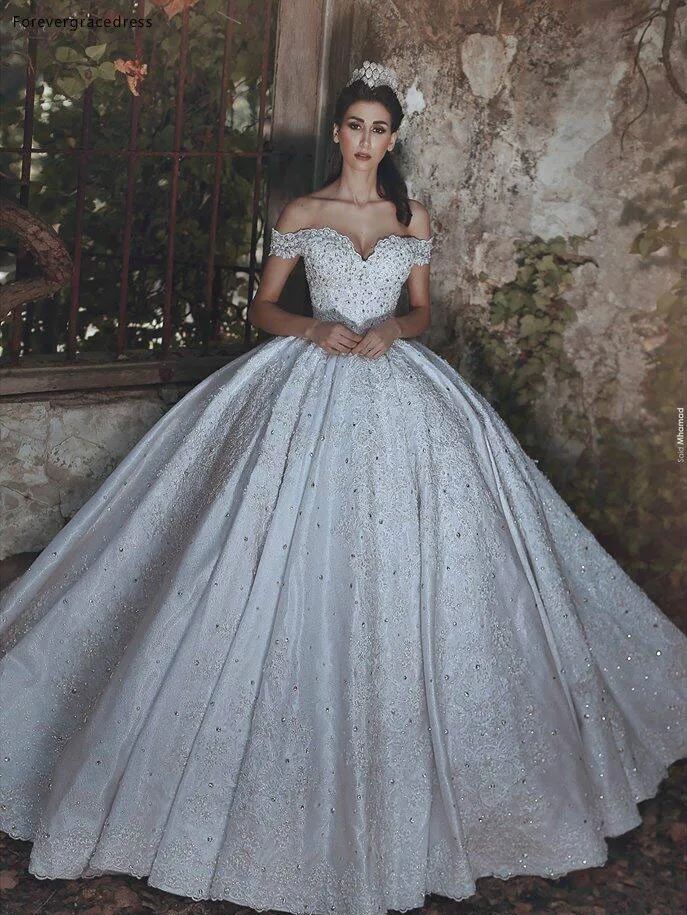 Robe de mariée longue arabe dubaï, tenue de princesse Vintage, épaules dénudées, appliques en dentelle, grande taille, sur mesure, 2019