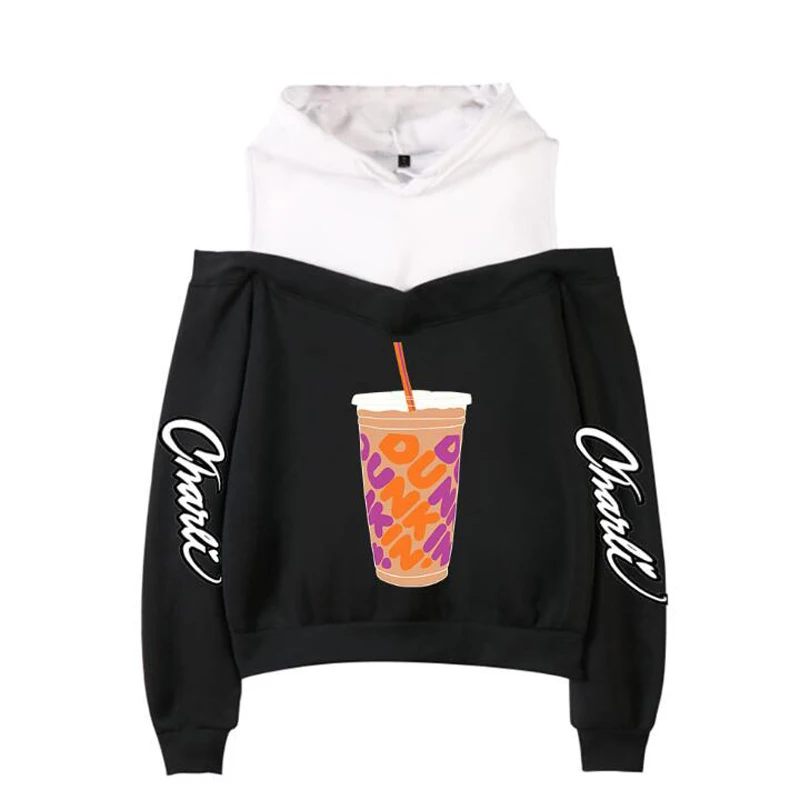 Internet Celebrity Charli D'Amelio Hoodies Women Sexy Off Shoulder Long Sleeve Hooded Sweatshirt Pullover Tops Streetwear