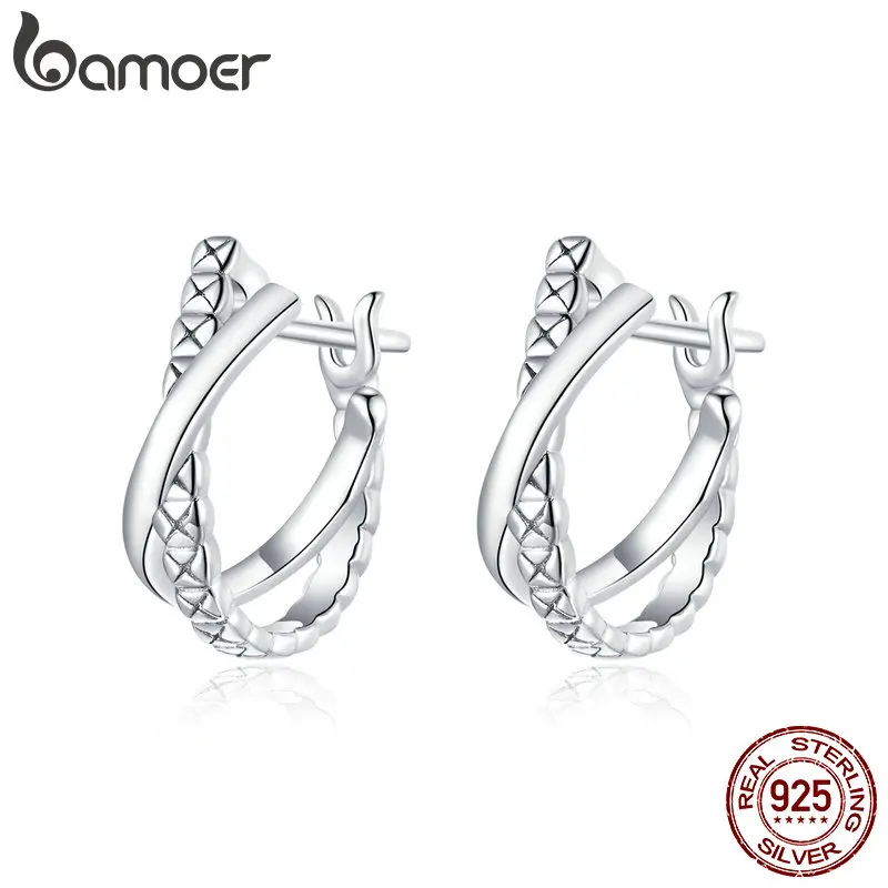 bamoer Genuine 925 Sterling Silver CZ Stone Leather Texture stud Earrings for Women Girl  Anti-allergy Jewelry Earring BSE440