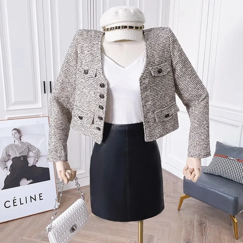 

Korean Fashion Short Tweed Jacket Women Spring Autumn O-Neck Single Breasted Long Sleeve Vintage Small Coat Trend Female Outwear