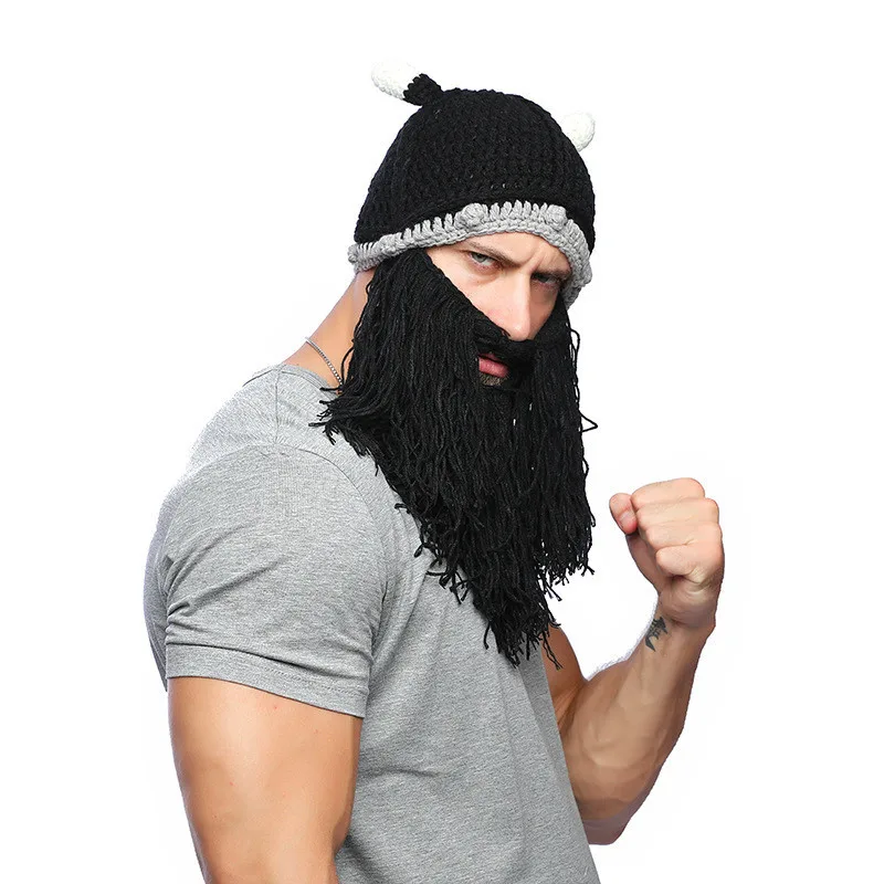 2019 Creative Halloween Men Hats Autumn Winter Keep Warm Personality Horned Beard Mask Hat Wool Knit Funny Festival Party Caps image 3