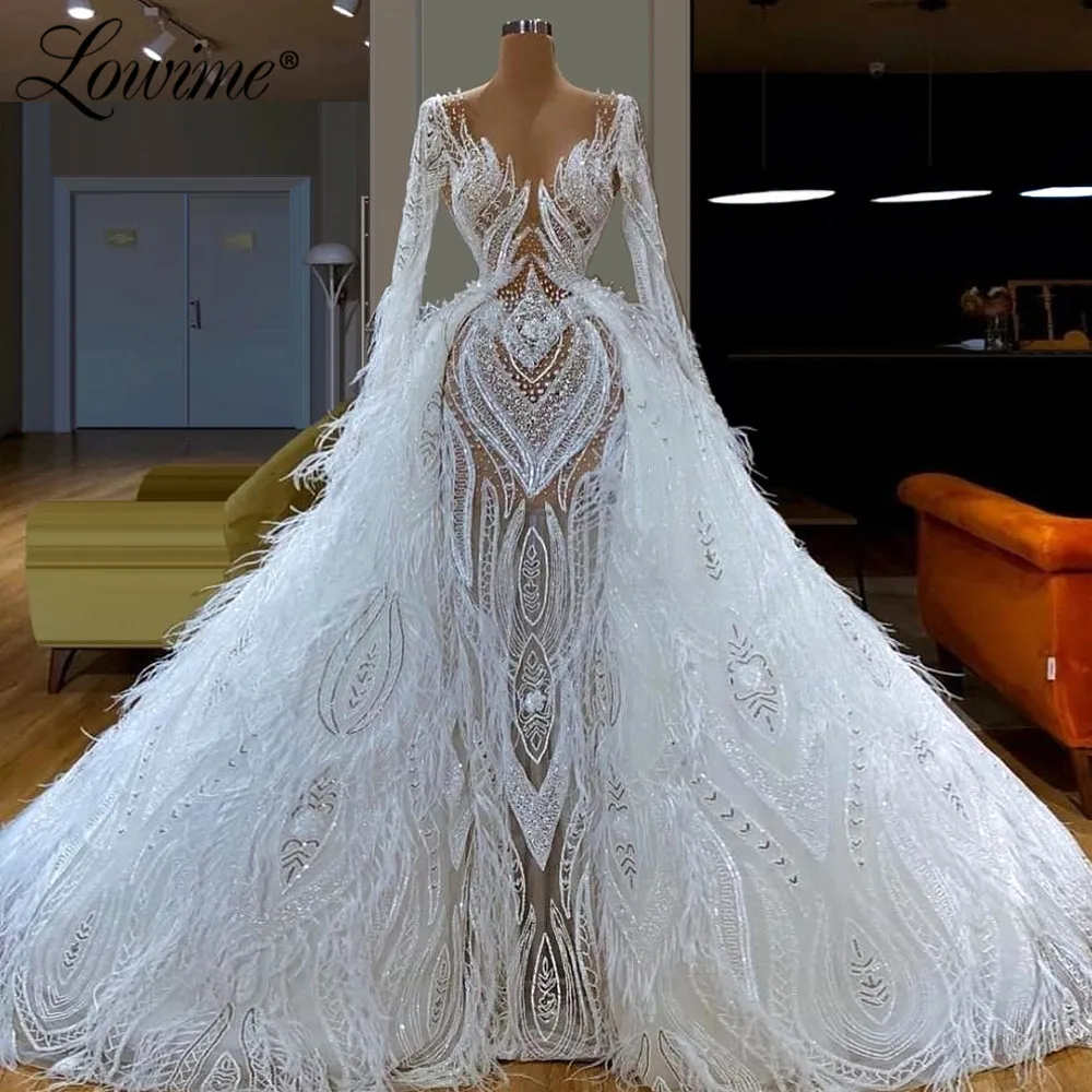 

Luxury Feather Illusion Evening Dress 2020 Custom Made Two Pieces Prom Dresses White Arabic Middle East Women Dubai Party Gowns