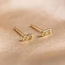 925 Sterling Silver 5MM Bar Stud Earring Two Clear Cubic Zirconia CZ Star Signet Simple Geometric Rectangle Minimal Jewelry