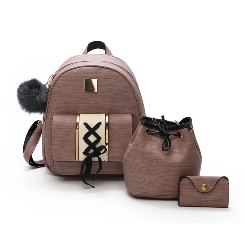 3Pcs/Set Women Backpack Set pu leather female casual backpack +bucket bag+purse backpack bags for teenagers girls crossbody 50