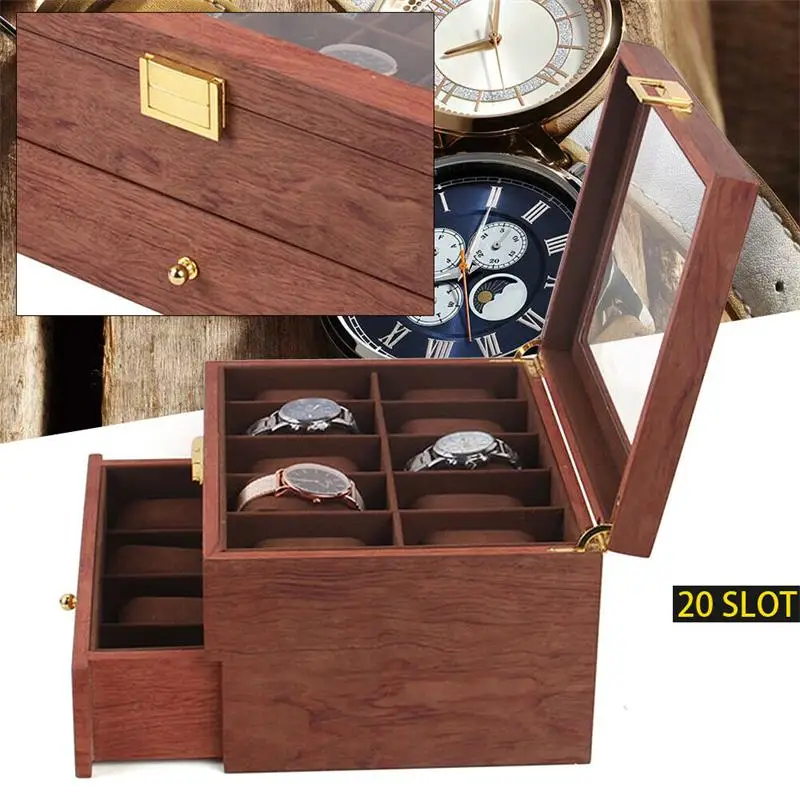 Houten horloges display box case sieraden horloge opslag organisator, beste cadeau voor Thanksgiving Day Kerstmis (20 slot)