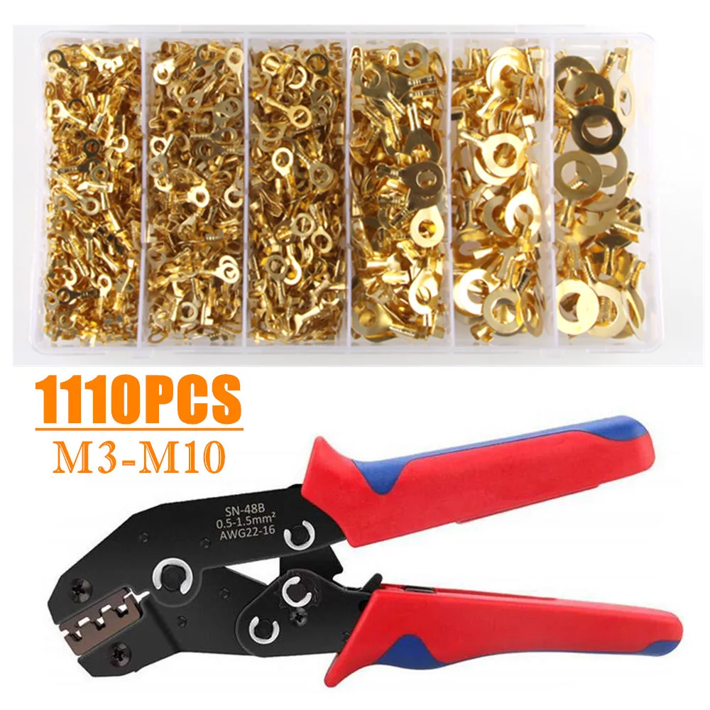 

1110pcs M3-M10 Wire Crimp Copper Terminal Connerctor- Non-Insulated Ring Lugs Crimp Cable Connectors & Crimping Plier