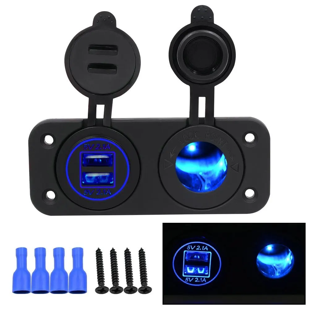 

DIY Car 4.2A Dual USB Charger Power Outlet with Led Light and Cigarette Lighter Socket for Car Motor Homes Yacht Boat Etc (Blue)