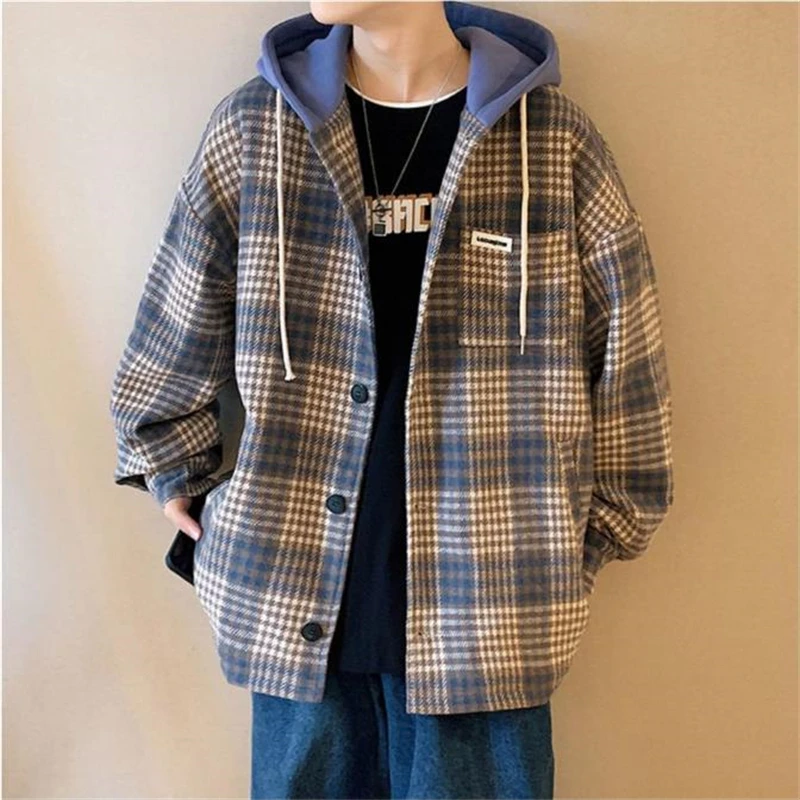 

Hooded Sweatshirt Men Fashion Plaid Print Trend Single-breasted Tops Wide Autumn Men's Hoodies Big Size 2021 Sudadera Hombre