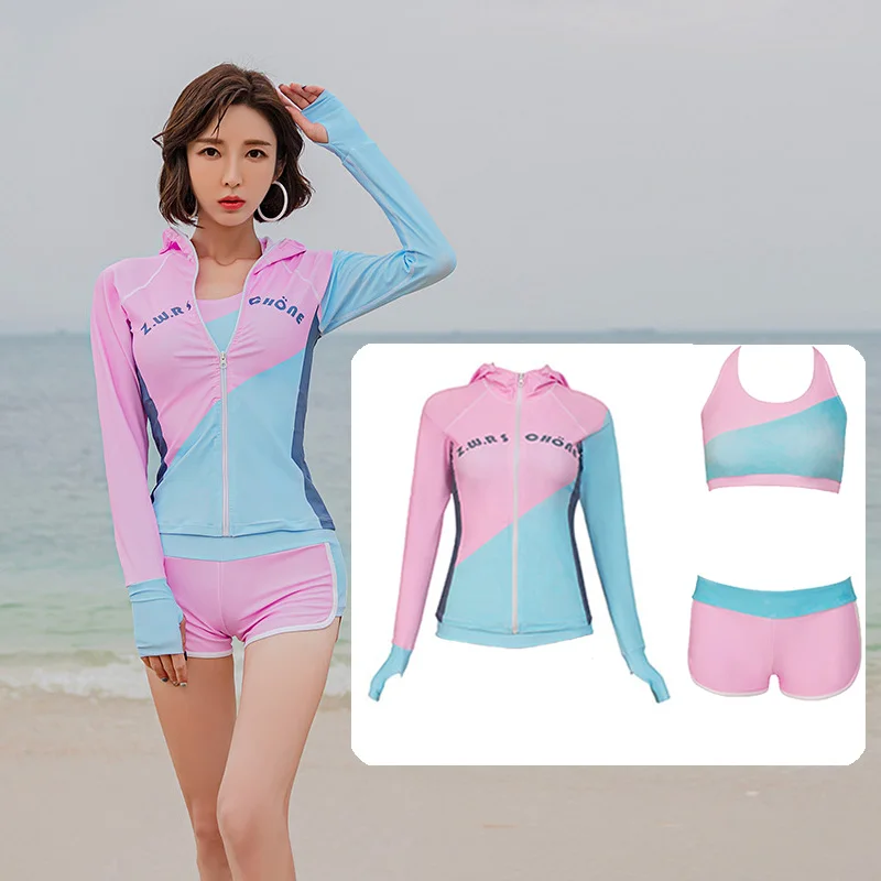 3pcs/set Women\'s Rashguard Swimsuit Zip Front Sun UV Protection Long Sleeve Hoodie Swim Shirt Bra Short Beachwear Color Blocks