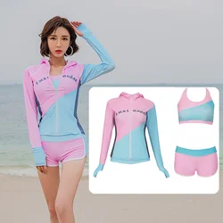 3pcs/set Women's Rashguard Swimsuit Zip Front Sun UV Protection Long Sleeve Hoodie Swim Shirt Bra Short Beachwear Color Blocks