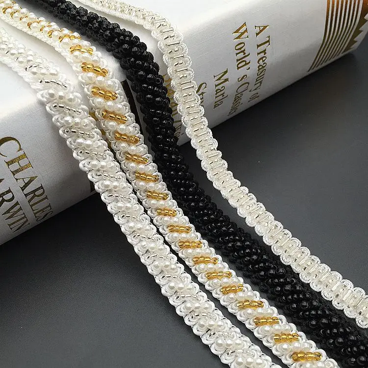 1Yard Pearl Beaded Lace Trim Mesh Lace Ribbon Fabric Clothes Decoration Wedding Dress Collar Sleeve Lace Applique DIY Crafts