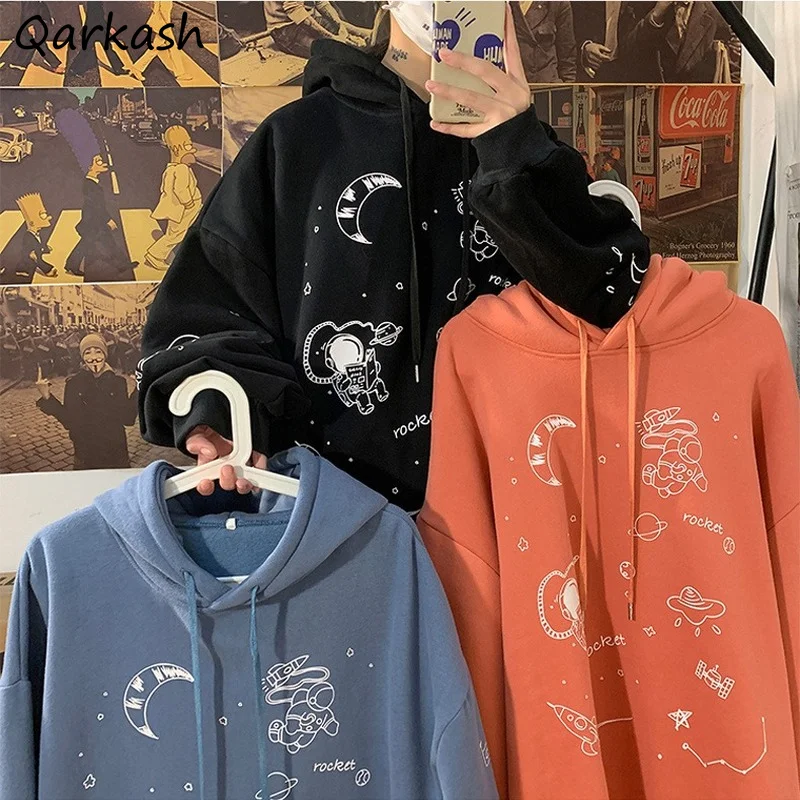 

Hoodies Women Cartoon Printed Front Pockets Hooded Sweatshirts Aesthetic Thicker Streetwear Loose Students Ulzzang Chic Top BF