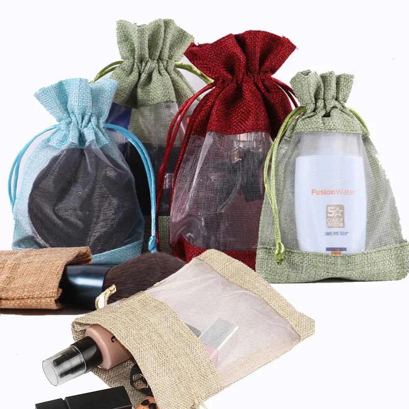 

10pcs Linen Organza Bag Ethnic Style Pocket Unisex Bunch Pocket Canvas Boxes jewelry bags wedding gift drawstring pouch 8 colors