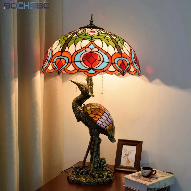 

BOCHSBC Tiffany Style Table Light Dragonfly Grape Maple Leaves Stained Glass Shade Crus Japonensis Shape Frame Desk Lamp